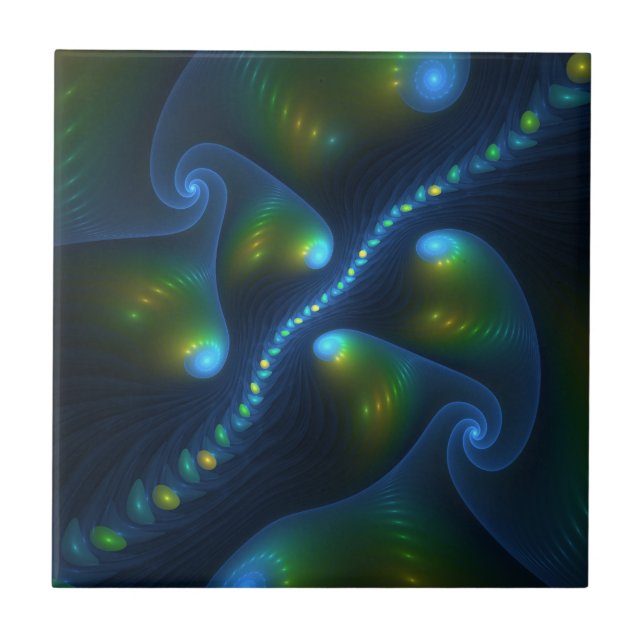 Fantasy Ljus Abstrakt Blue Grönt Gult Fractal Kakelplatta (Framsidan)