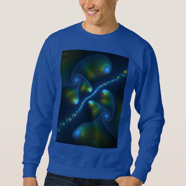 Fantasy Ljus Abstrakt Blue Grönt Gult Fractal Lång Ärmad Tröja (Framsida)