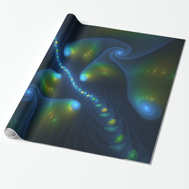 Fantasy Ljus Abstrakt Blue Grönt Gult Fractal Presentpapper (Utrullad)