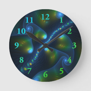 Fantasy Ljus Abstrakt Blue Grönt Gult Fractal Rund Klocka