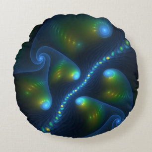 Fantasy Ljus Abstrakt Blue Grönt Gult Fractal Rund Kudde
