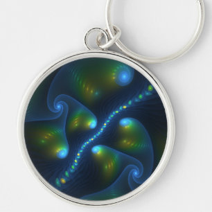 Fantasy Ljus Abstrakt Blue Grönt Gult Fractal Rund Silverfärgad Nyckelring