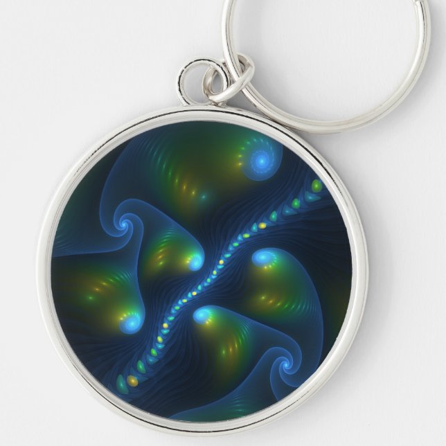 Fantasy Ljus Abstrakt Blue Grönt Gult Fractal Rund Silverfärgad Nyckelring (Framsidan)