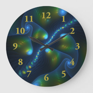 Fantasy Ljus Abstrakt Blue Grönt Gult Fractal Stor Klocka