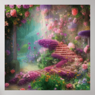 Fantasy Magic Garden med blommor och Trappor Poster