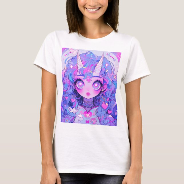 Fantasy Magisk Enhörning Varelse Anime Flicka T Shirt (Framsida)