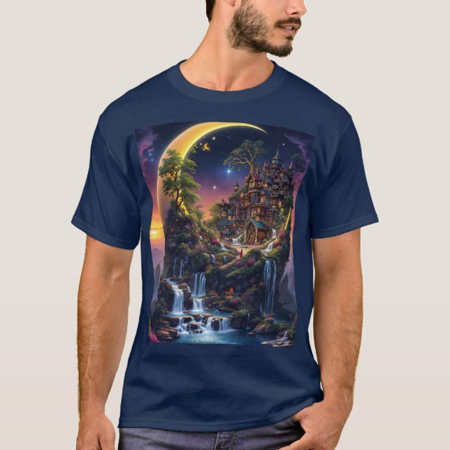 Fantasy Måne Waterfall Forest T Shirt (Framsida)