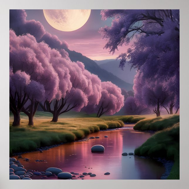 Fantasy Månskin Flod Drömlandschaft Illustration Poster (Framsidan)