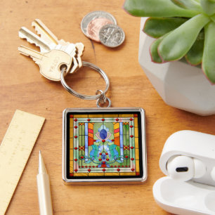 Fantasy med glasskikt fyrkantig silverfärgad nyckelring