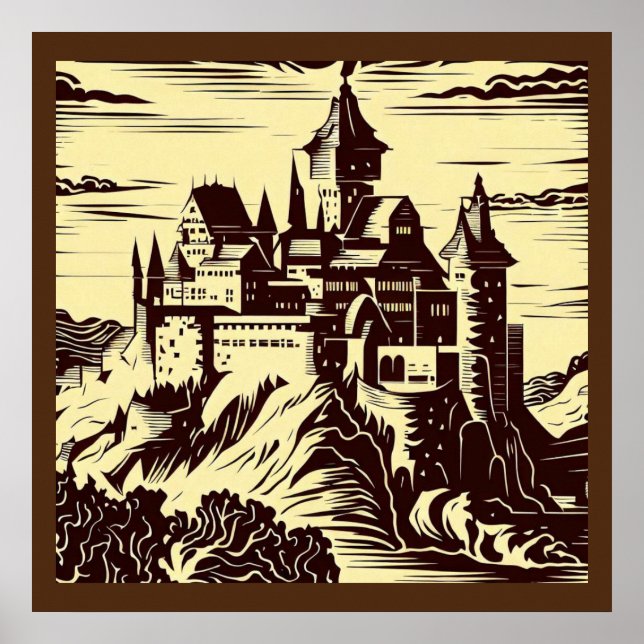 Fantasy Medieval Castle - Woodcut 2 Poster (Framsidan)