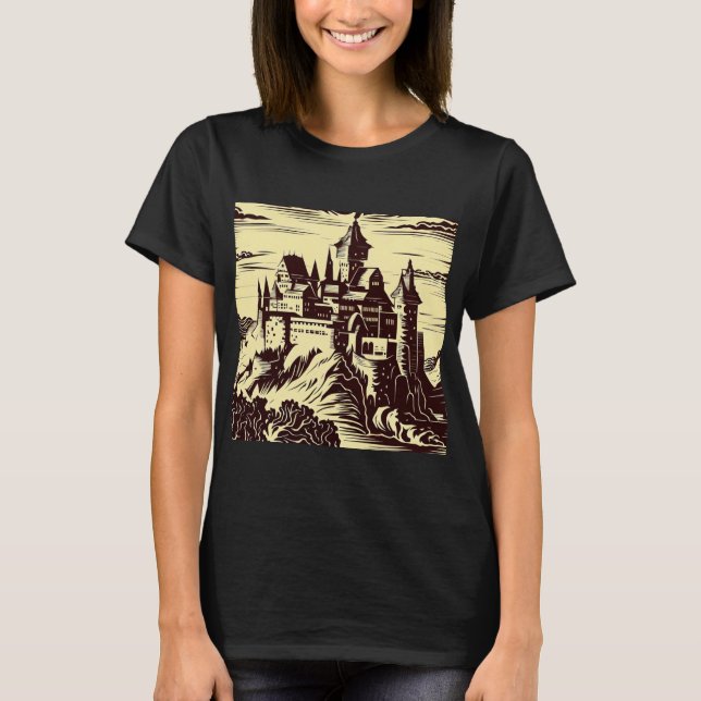 Fantasy Medieval Castle - Woodcut 2 T Shirt (Framsida)