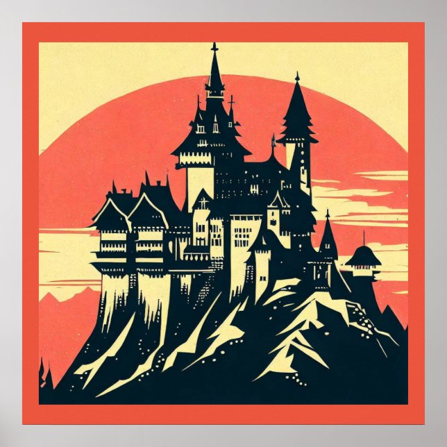 Fantasy Medieval Castle - Woodcut 4 Poster (Framsidan)