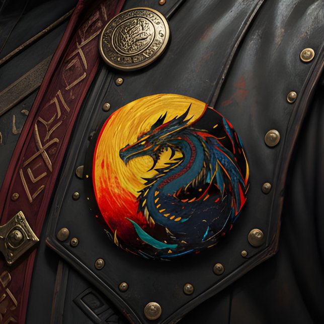Fantasy Midnatt Drake Eld Måne Rund Pin Knapp (Skapare uppladdad)