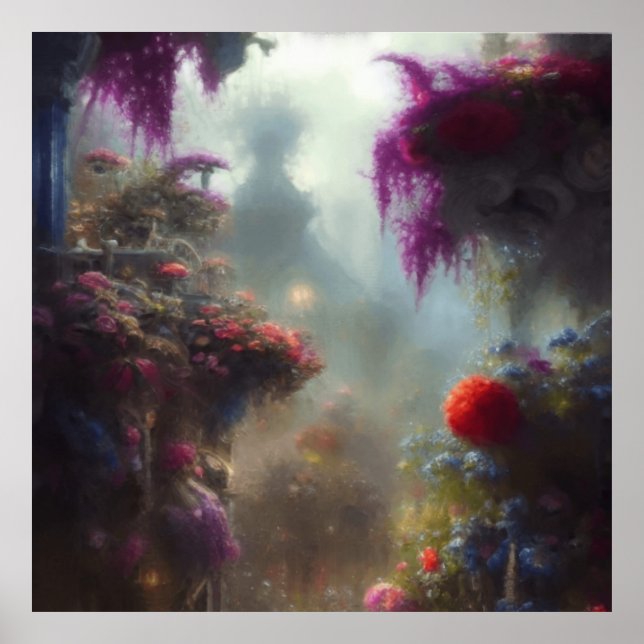 Fantasy Misty Rainy Magic Garden liggande Poster (Framsidan)