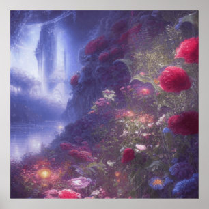 Fantasy Misty Rainy Magic Garden River Landcape Poster