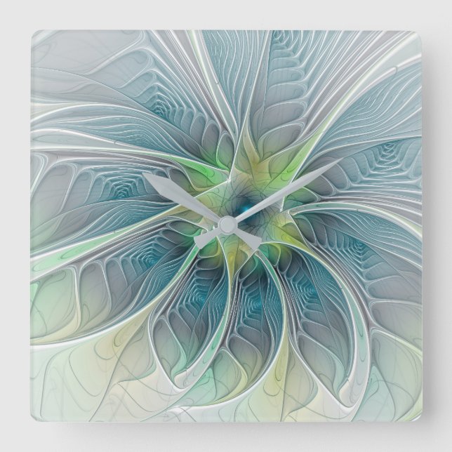 Fantasy Modern Blue Grönt Fractal Flower Fyrkantig Klocka (Framsida)