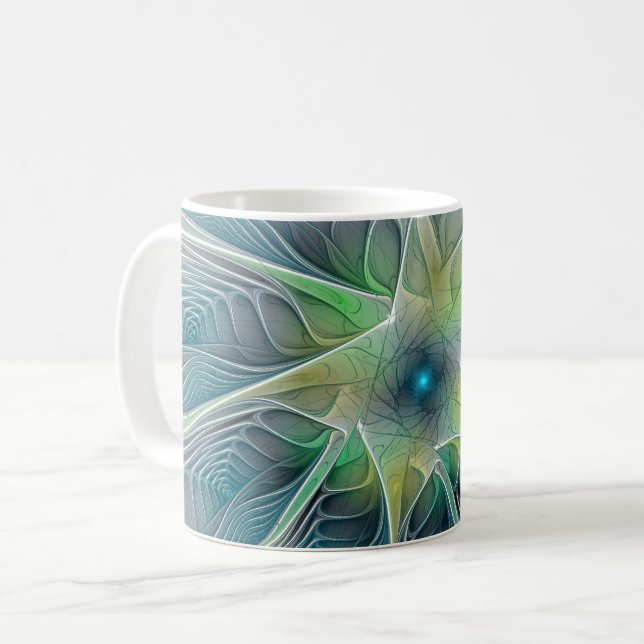 Fantasy Modern Blue Grönt Fractal Flower Kaffemugg (Framsida vänster)