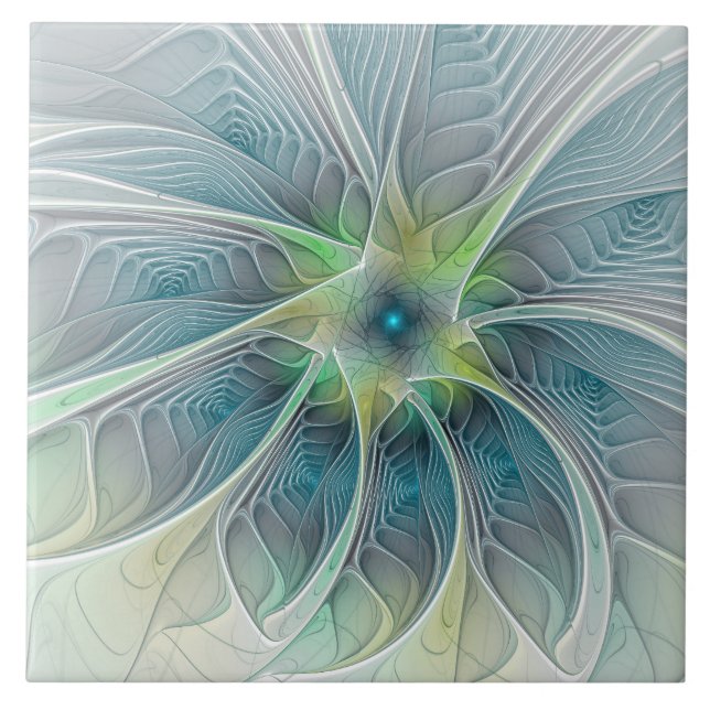Fantasy Modern Blue Grönt Fractal Flower Kakelplatta (Framsidan)