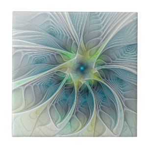 Fantasy Modern Blue Grönt Fractal Flower Kakelplatta