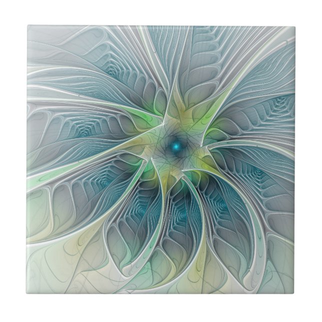 Fantasy Modern Blue Grönt Fractal Flower Kakelplatta (Framsidan)