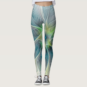 Fantasy Modern Blue Grönt Fractal Flower Leggings