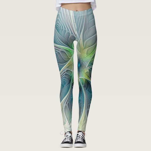 Fantasy Modern Blue Grönt Fractal Flower Leggings (Framsida)