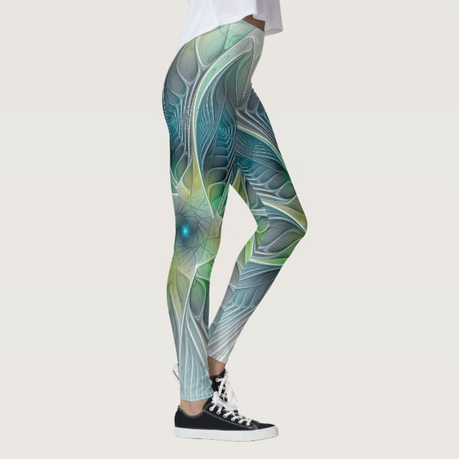 Fantasy Modern Blue Grönt Fractal Flower Leggings (Höger)