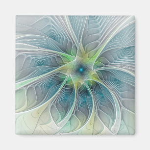 Fantasy Modern Blue Grönt Fractal Flower Magnet