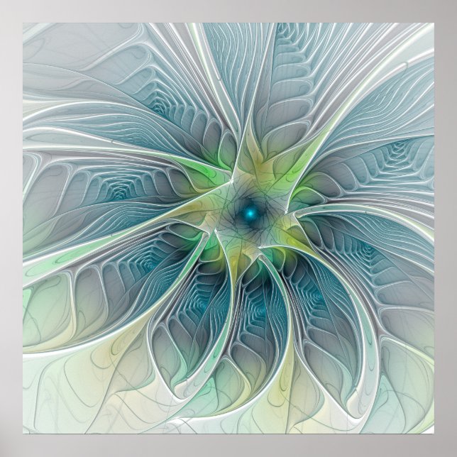 Fantasy Modern Blue Grönt Fractal Flower Poster (Framsidan)