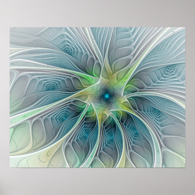 Fantasy Modern Blue Grönt Fractal Flower Poster (Framsidan)
