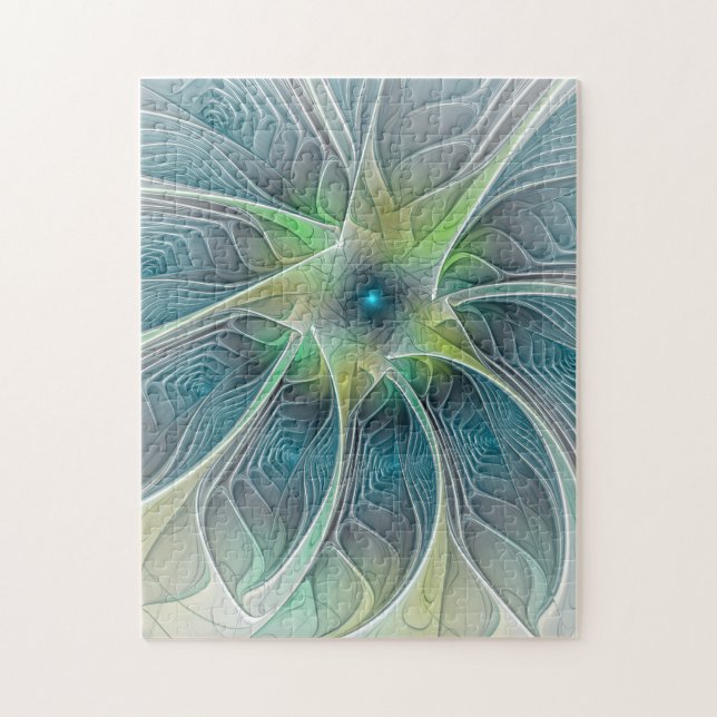 Fantasy Modern Blue Grönt Fractal Flower Pussel (Vertikal)