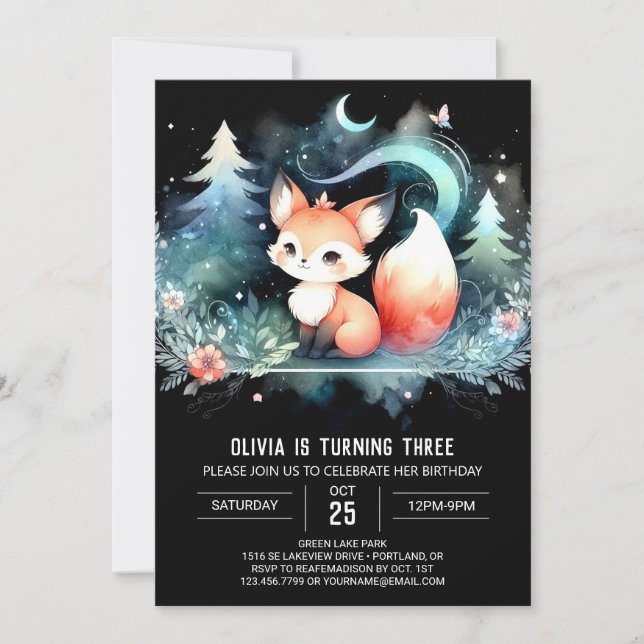 Fantasy Modern Fox Birthday digital Inbjudningar (Framsida)