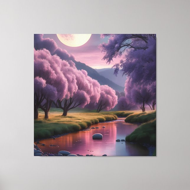 Fantasy Moonlit River Dreamscape Illustration Canvastryck (Framsida)