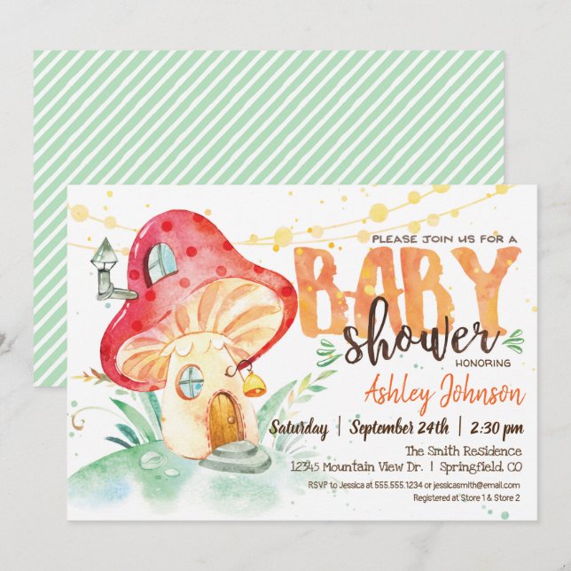 Fantasy Mushroom Baby Shower-inbjudan Inbjudningar (Fram/baksida)