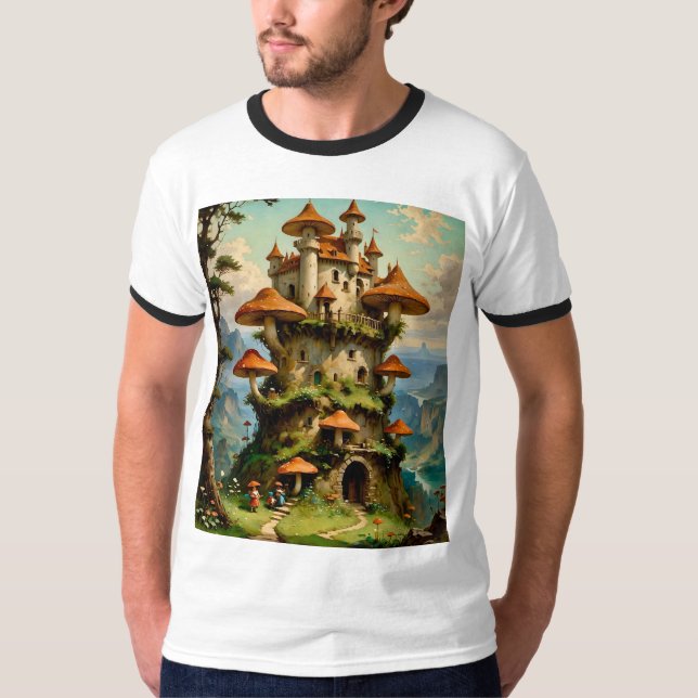 Fantasy Mushroom Castle på Cliffside T-Shirt (Framsida)
