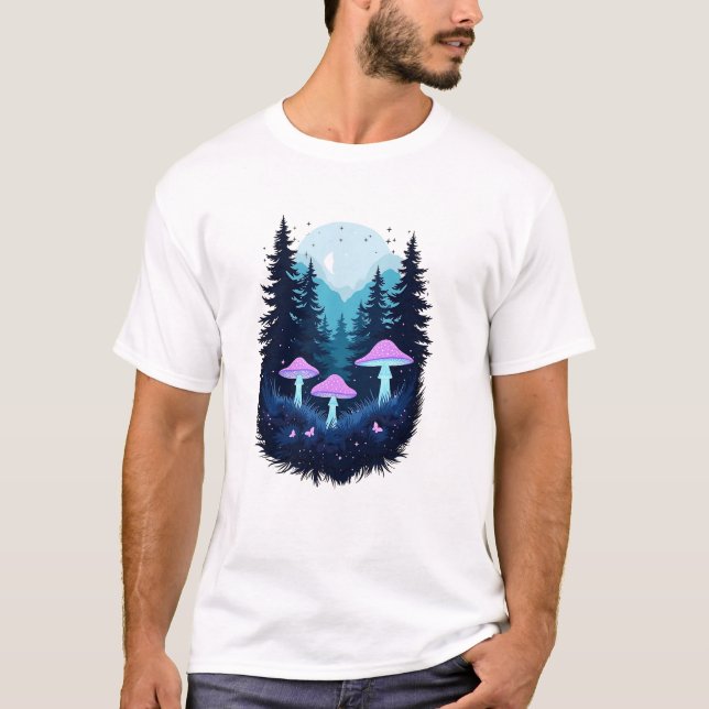 Fantasy Mushroom Starry Night T Shirt (Framsida)