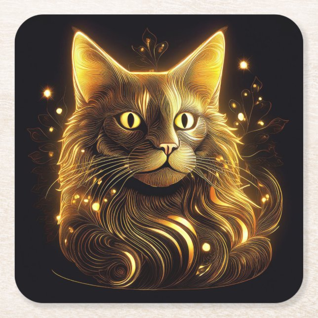 Fantasy Neon Guld Cat Underlägg Papper Kvadrat (Framsidan)