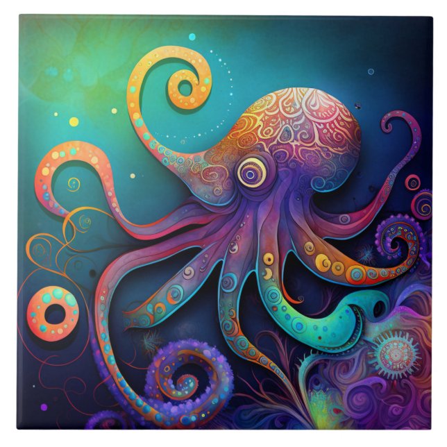 Fantasy Octopus, Watercolor Kakelplatta (Framsidan)