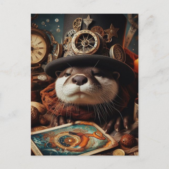 Fantasy Otter Steampunk Tarot Card Reader Vykort (Framsida)