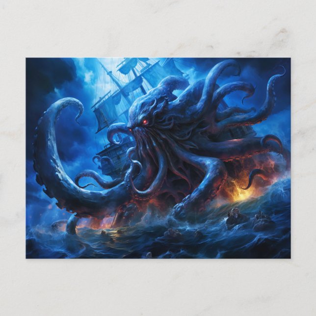 Fantasy Painting Kraken Attacking Ship at Sea Vykort (Framsida)