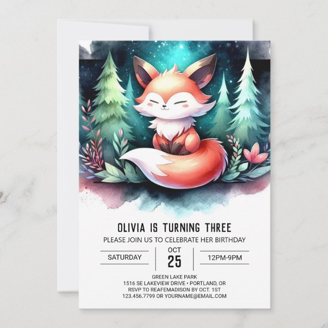 Fantasy Pastel Fox Birthday digital Inbjudningar (Framsida)