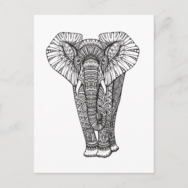 Fantasy Patterned Elephant Doodle Vykort (Framsida)