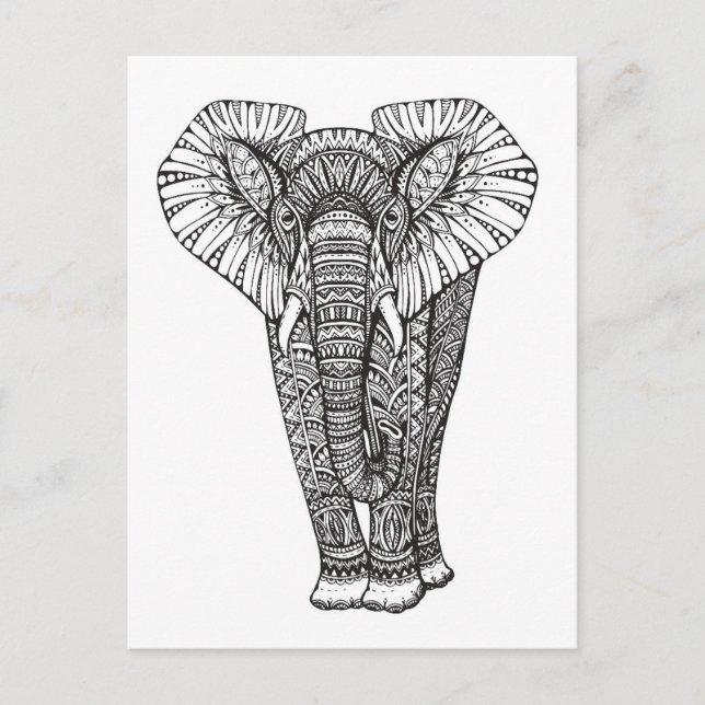 Fantasy Patterned Elephant Doodle Vykort (Framsida)
