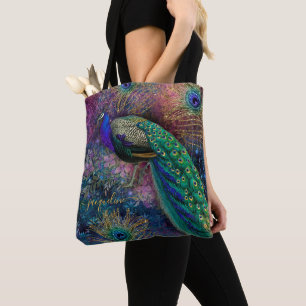 Fantasy Peacock Guld Glitter Feathers-skript Namn Tygkasse