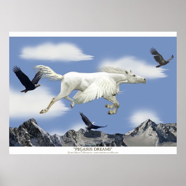 Fantasy Pegasus Flies Horse and Eagle Mountains Poster (Framsidan)