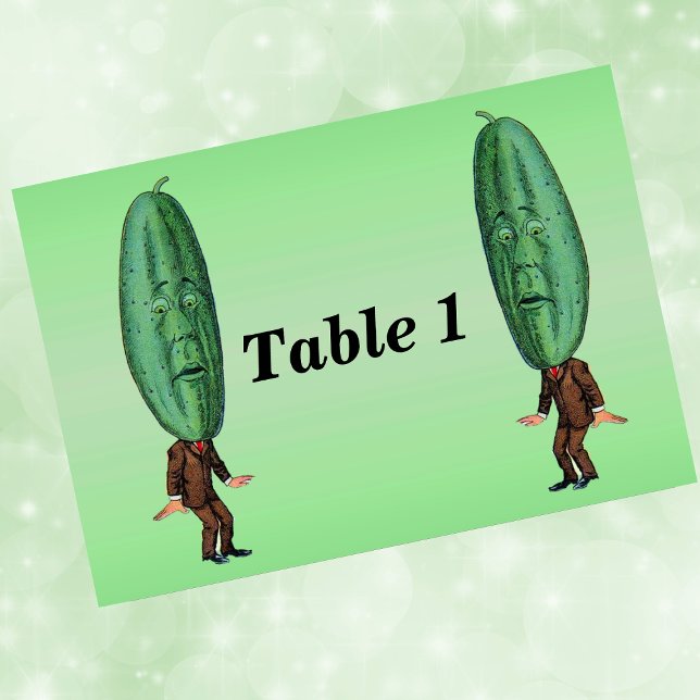 Fantasy Pickle Man Brown Kostym Bordsnummer (Fun men in suit with green pickle heads with faces on light green event table number cards.)