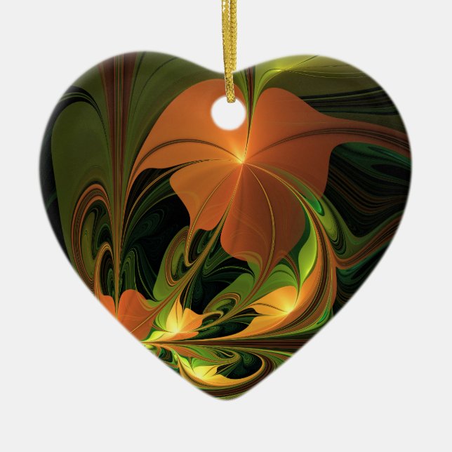 Fantasy Plant Abstrakt Grönt Rust Brown Fractal Julgransprydnad Keramik (Framsidan)