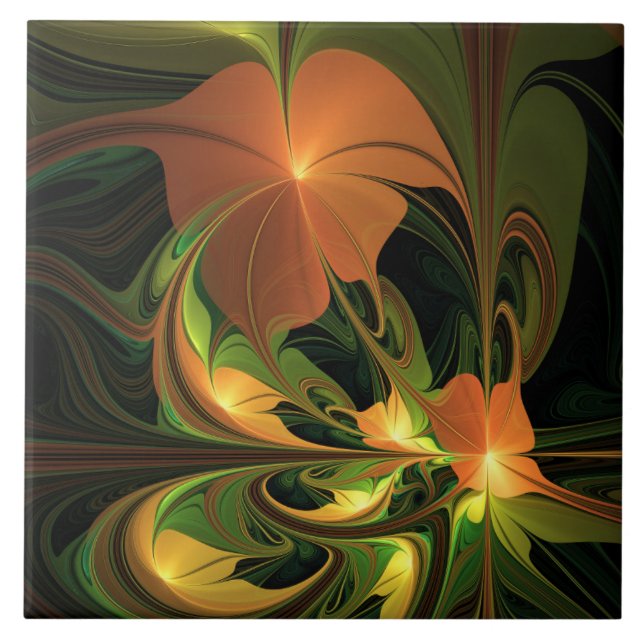 Fantasy Plant Abstrakt Grönt Rust Brown Fractal Kakelplatta (Framsidan)