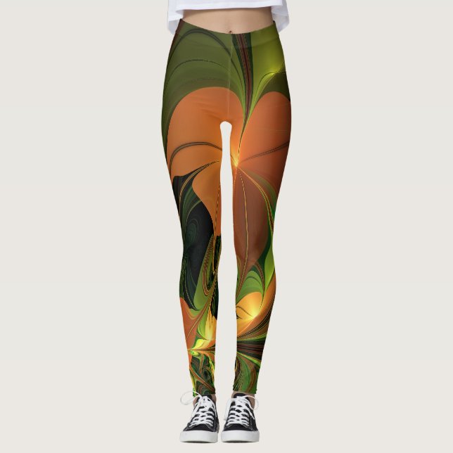 Fantasy Plant Abstrakt Grönt Rust Brown Fractal Leggings (Framsida)