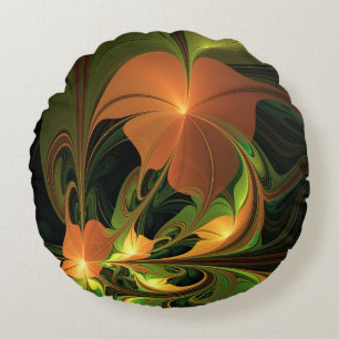 Fantasy Plant Abstrakt Grönt Rust Brown Fractal Rund Kudde